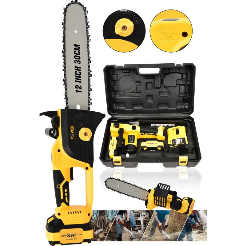 Power Black Germany Çok Güçlü Çift Akülü Şarjlı Testere Ağaç Odun Dal Kesme Motoru Hızar 30 cm Pala Boyu Sarı