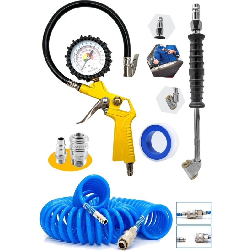 Proxtech  220 Psı Saatli Lastik Şişirme Hava Tabancası Lastik Şişirme 15 Mt Spiral Hava Hortumu Recor Set