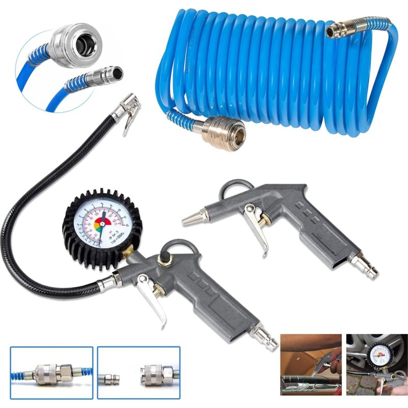 Proxtech  Kompresör Saatli Lastik Şişirme 15 Mt spiral Hortumu Hava Tabancası Hava Recor Paket Set