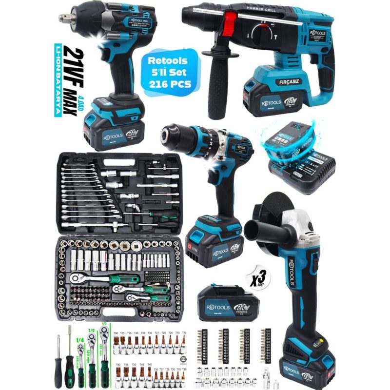 Retools 5 Li Set 800 Nm’li 4 Lü Set  + 216 Parça Lokma Takımı