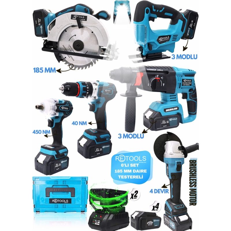 Retools 6lı Set 185 mm Daire Testereli ve USB Işıklı