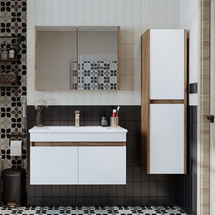 Roomart ” Lavabolu ” Atlantik- Mat Mdf 85 cm Banyo Alt  Dolap + Aynalı Üst Dolap + Boy Dolap