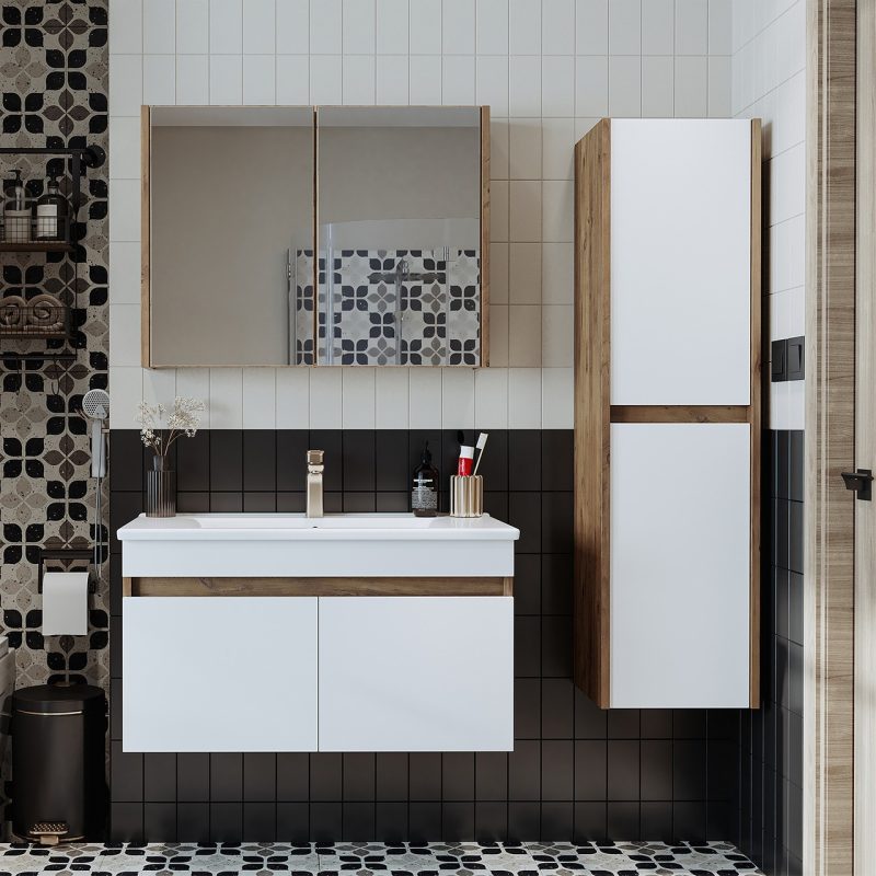 Roomart ” Lavabolu ” Atlantik- Mat Mdf 85 cm Banyo Alt  Dolap + Aynalı Üst Dolap + Boy Dolap