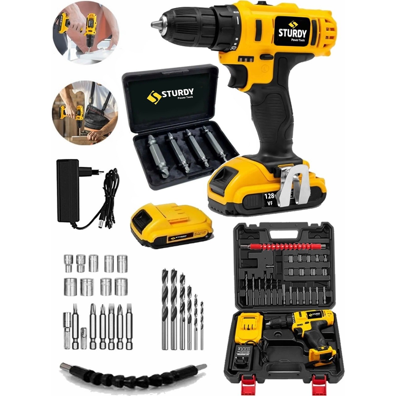 Sturdy 128VF 12mAH Lion Çift Akülü Darbeli Turbo Şarjlı vidalama Matkap 27 Parca Setli + Bozulmuş Vida Sökme Setli