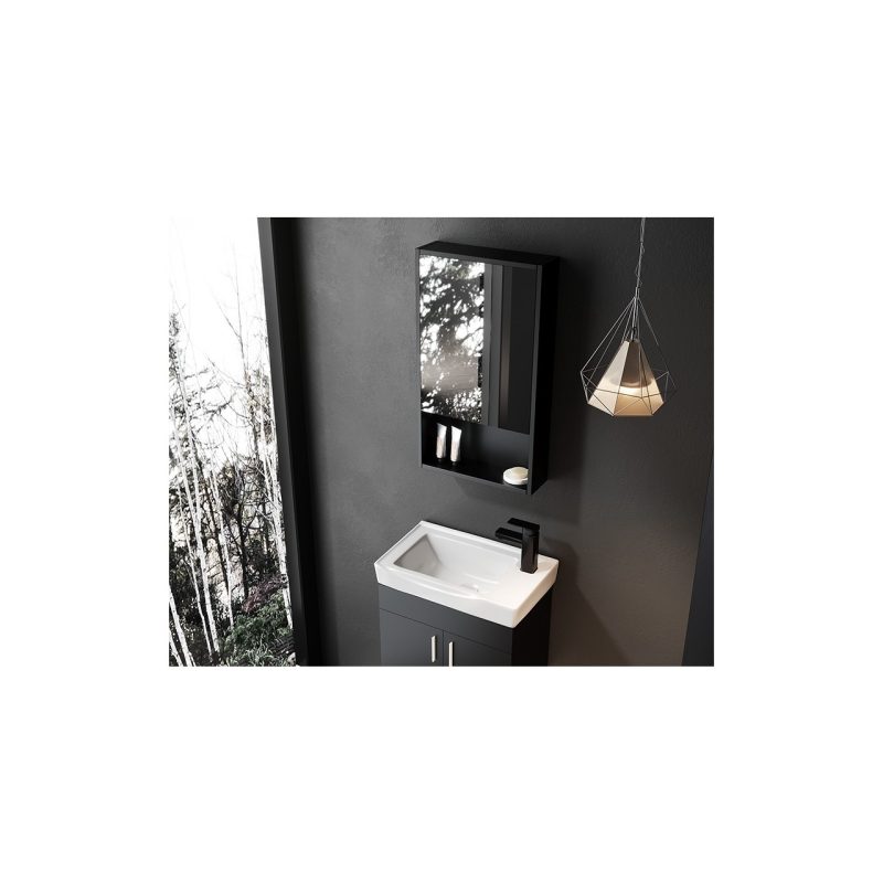 Taç Dekorasyon Tek Kapaklı Aynalı Siyah Banyo Dolabı Üst Modülü