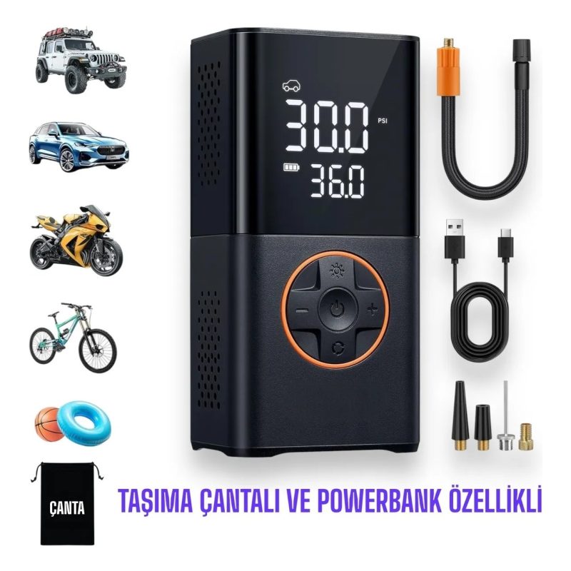 Yeni Model Auhma 3600 Mah Şarjlı Hava Pompası Araç Lastik, Bisiklet, Top Şişirme Oto Hava Kompresörü