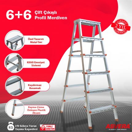 ASVERA – 6+6 Basamaklı Çift Çıkışlı Profil Merdiven (Ev, bahçe, işyeri için uygun)
