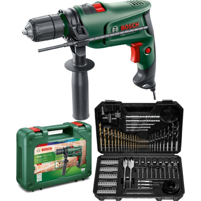 Bosch Easyimpact 600 13MM 600 Watt Darbeli Matkap + 103 Parça Matkap Ucu Vidalama Ucu Lokma Ucu Seti + Sırt Çantası