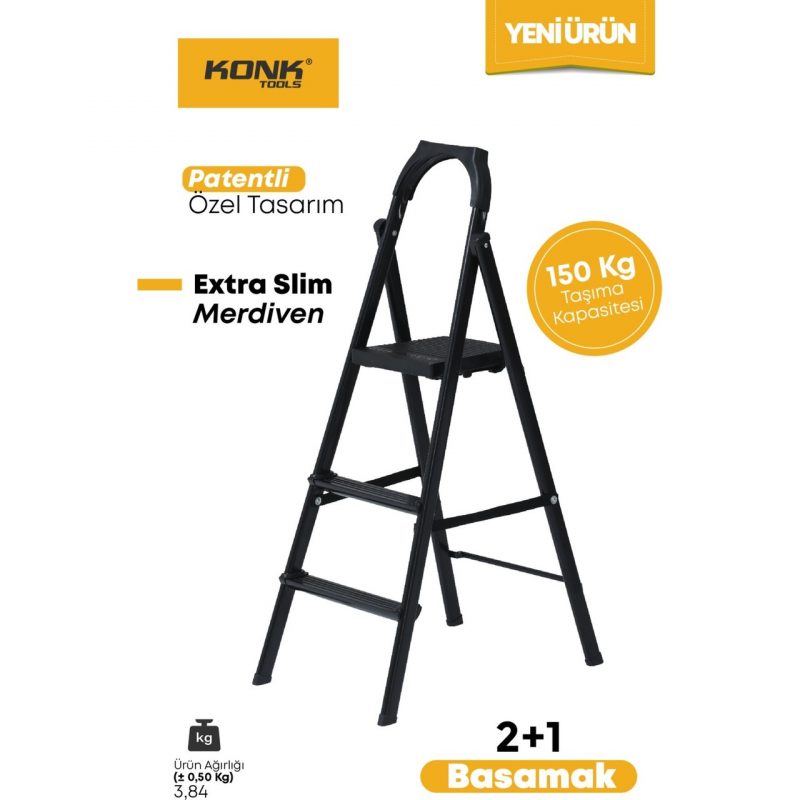 Konk Tools Extra Süper Slim Siyah Merdiven 2+1 Metal Basamaklı Vera2