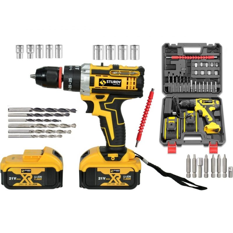 Sturdy 10MM  21 volt 5 pilli Çelik-Metal Madren Su Terazisi Göstergeli Yedek Akülü Çantalı LED Akülü Vidalama Matkap